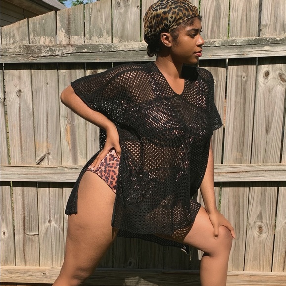 Short Sleeve Black Fishnet Swimsuit Coverup - Picture 3 of 4